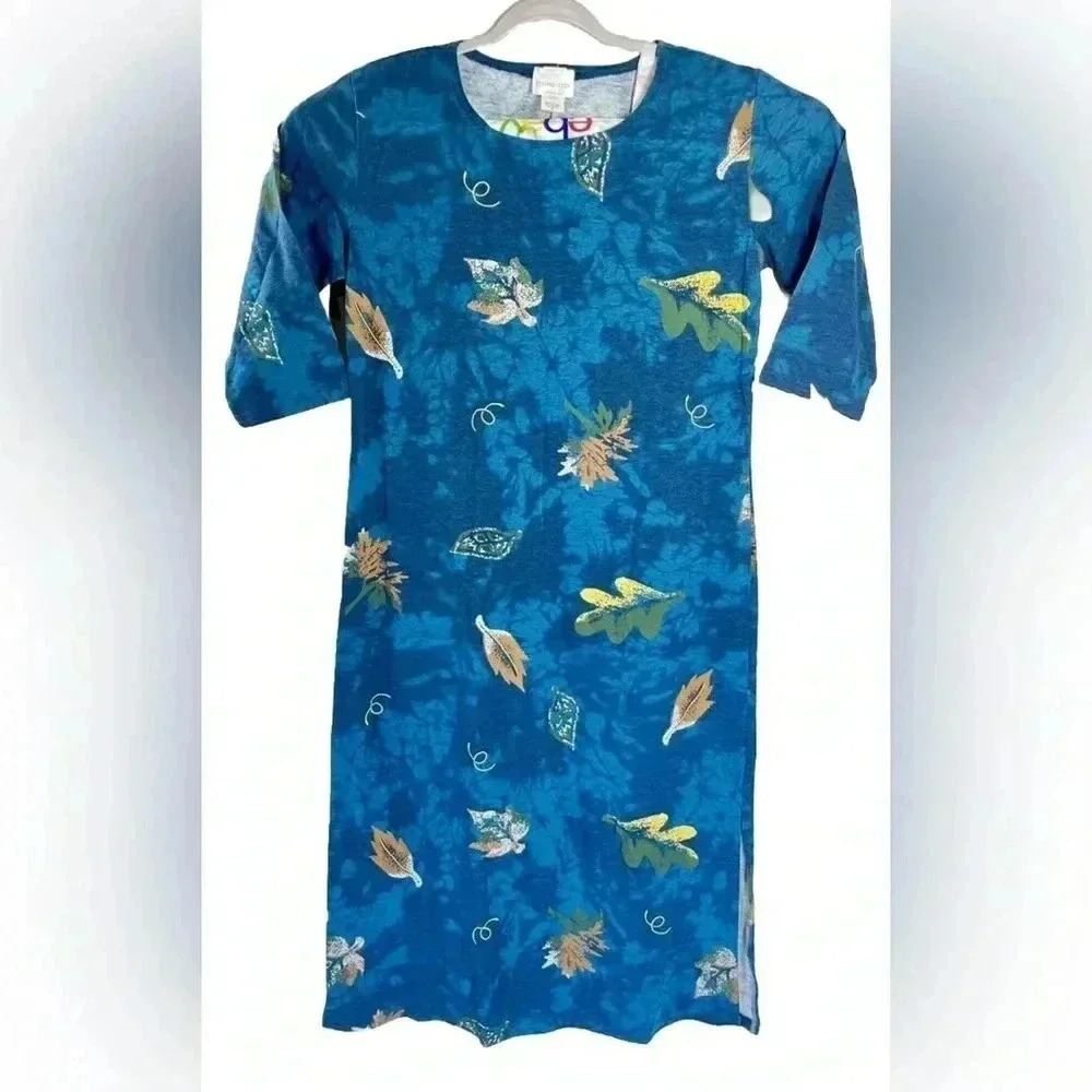 Vtg Studio City Medium Maxi Shirt Dress 90s Blue Tie Dye Leaves 1/2 Sleeve USA